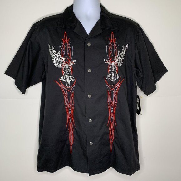 NWT Hard Chrome Gear Mens Rockabilly Skull Biker Button Down Shirt Black LARGE - Picture 1 of 9